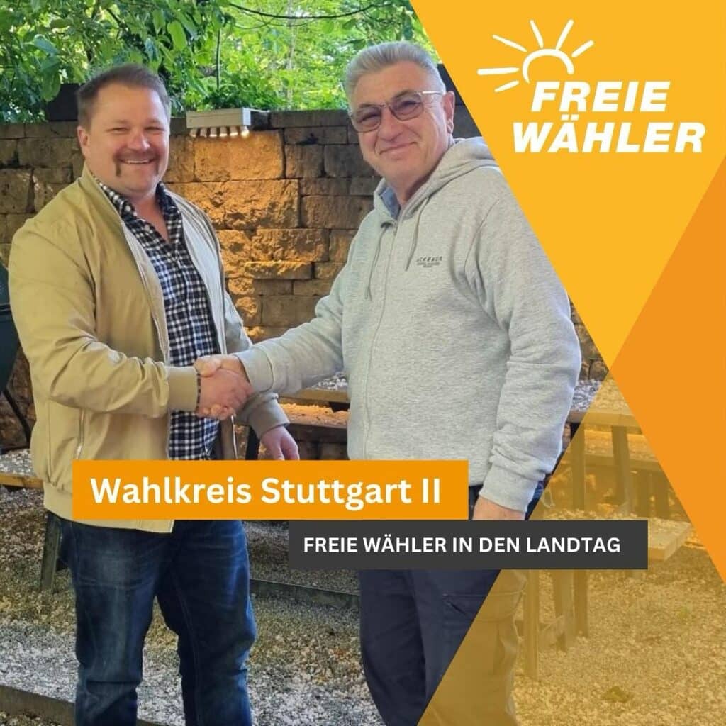 Das Bild zeigt Ralf Wendel, der Julian Korbel zur 1. Nominierung im Wahlkreis Stuttgart 2 für die Landtagswahl 2026 gratuliert