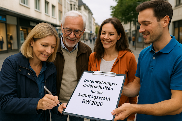 Menschen beim Sammeln von Unterstützungsunterschriften. Ein Dame unterschreibt gerade