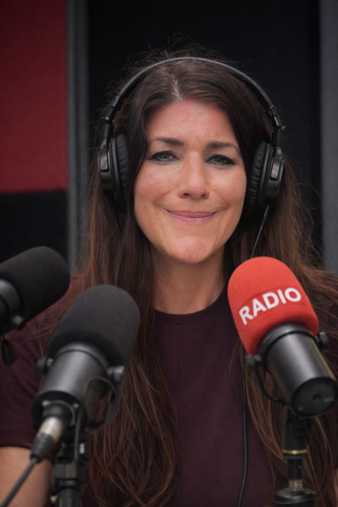 Landesvorsitzende Sylvia Rolke im Interview vor Mikrofonen